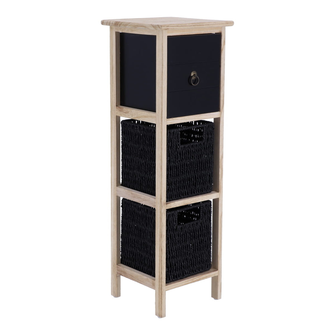 Mobilier din Paulownia/MDF cu 1 Sertar, Buton Negru și 2 Coșuri din Hârtie - Negru/Natural - ramosdecor