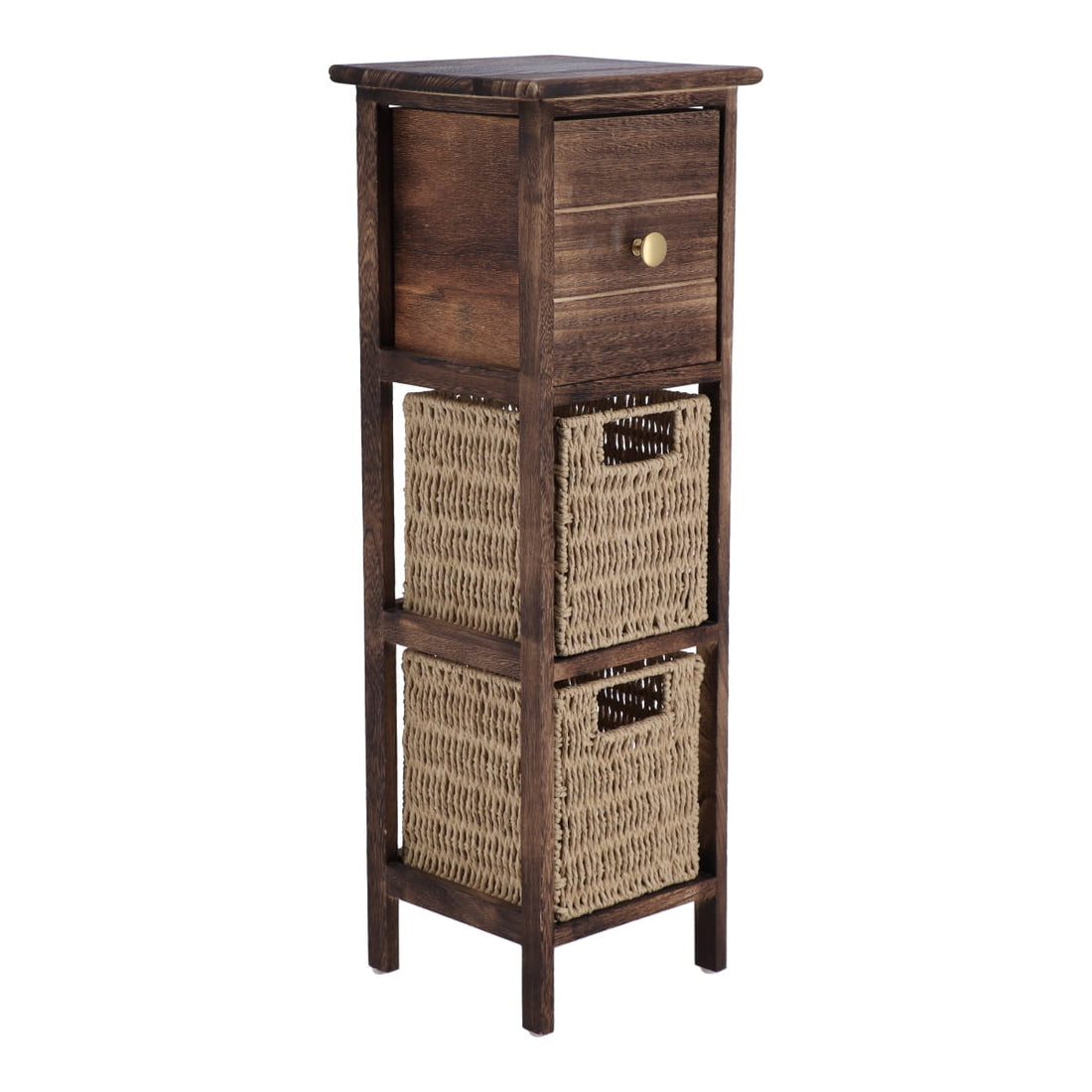 Mobilier din Paulownia/MDF cu 1 Sertar, Buton Negru și 2 Coșuri din Hârtie - Maro/Natural - ramosdecor