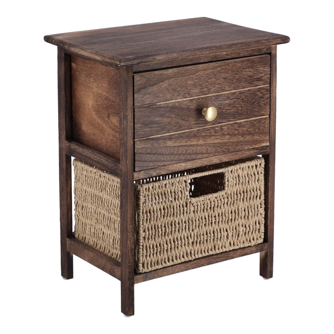 Mobilier mic din Paulownia/MDF cu 1 Sertar, Buton Negru și 1 Coș din Hârtie - Maro/Natural - ramosdecor
