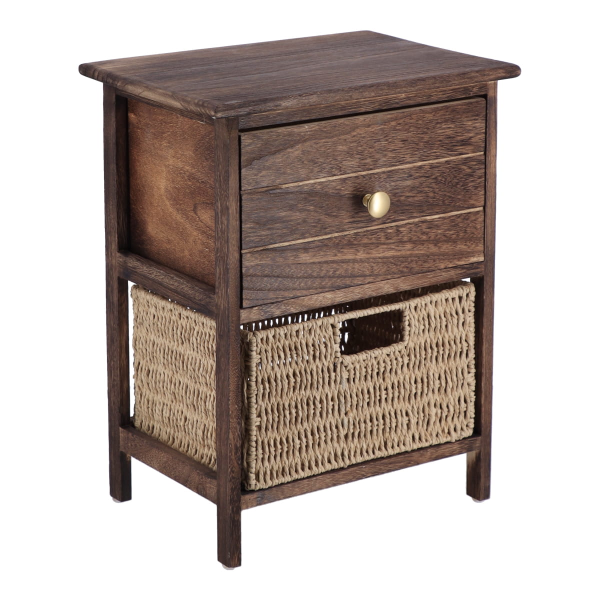 Mobilier mic din Paulownia/MDF cu 1 Sertar, Buton Negru și 1 Coș din Hârtie - Maro/Natural - ramosdecor