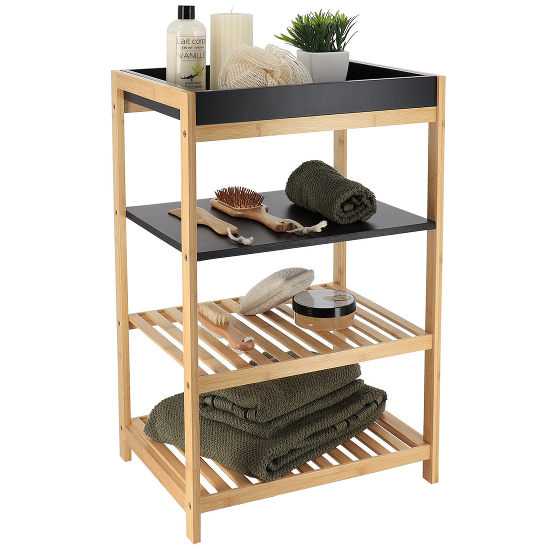 Mobilier din bambus+MDF cu 4 rafturi - Negru/Bambus prezentat într-un decor modern marca Ramos
