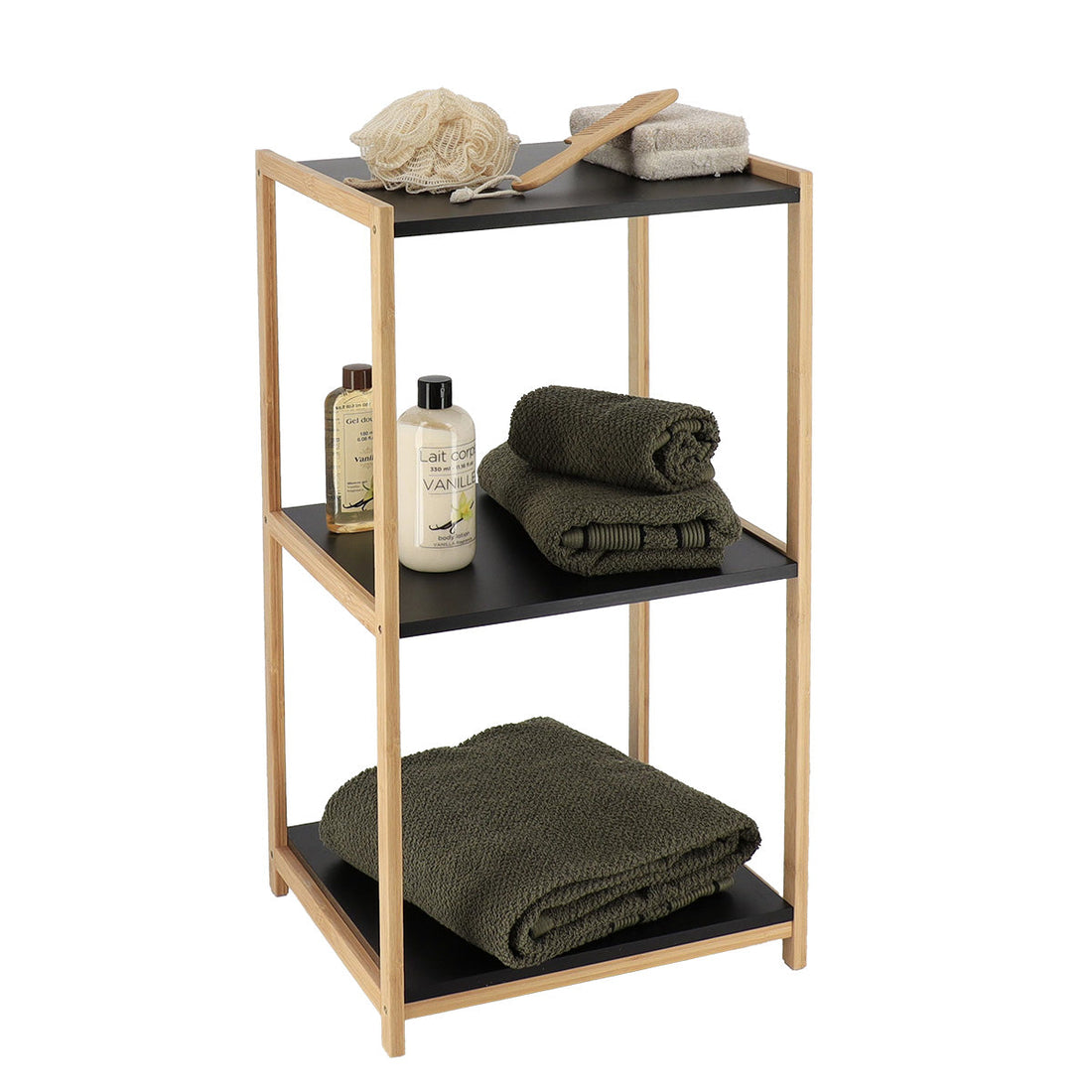 Mobilier din bambus cu 3 rafturi negre din MDF - Bambus/Negru prezentat într-un decor modern marca Ramos
