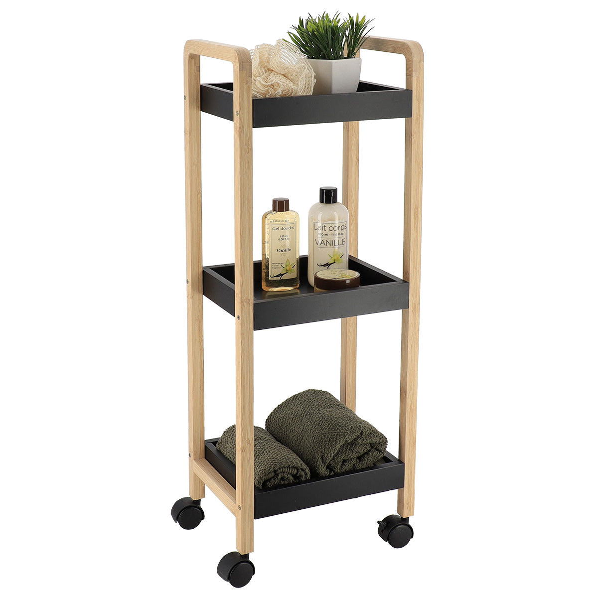 Bufet din bambus+MDF pe roți cu 3 rafturi - Bambus/Negru - ramosdecor