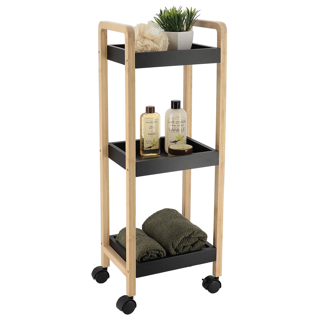 Bufet din bambus+MDF pe roți cu 3 rafturi - Bambus/Negru ilustrat într-un decor elegant marca Ramos