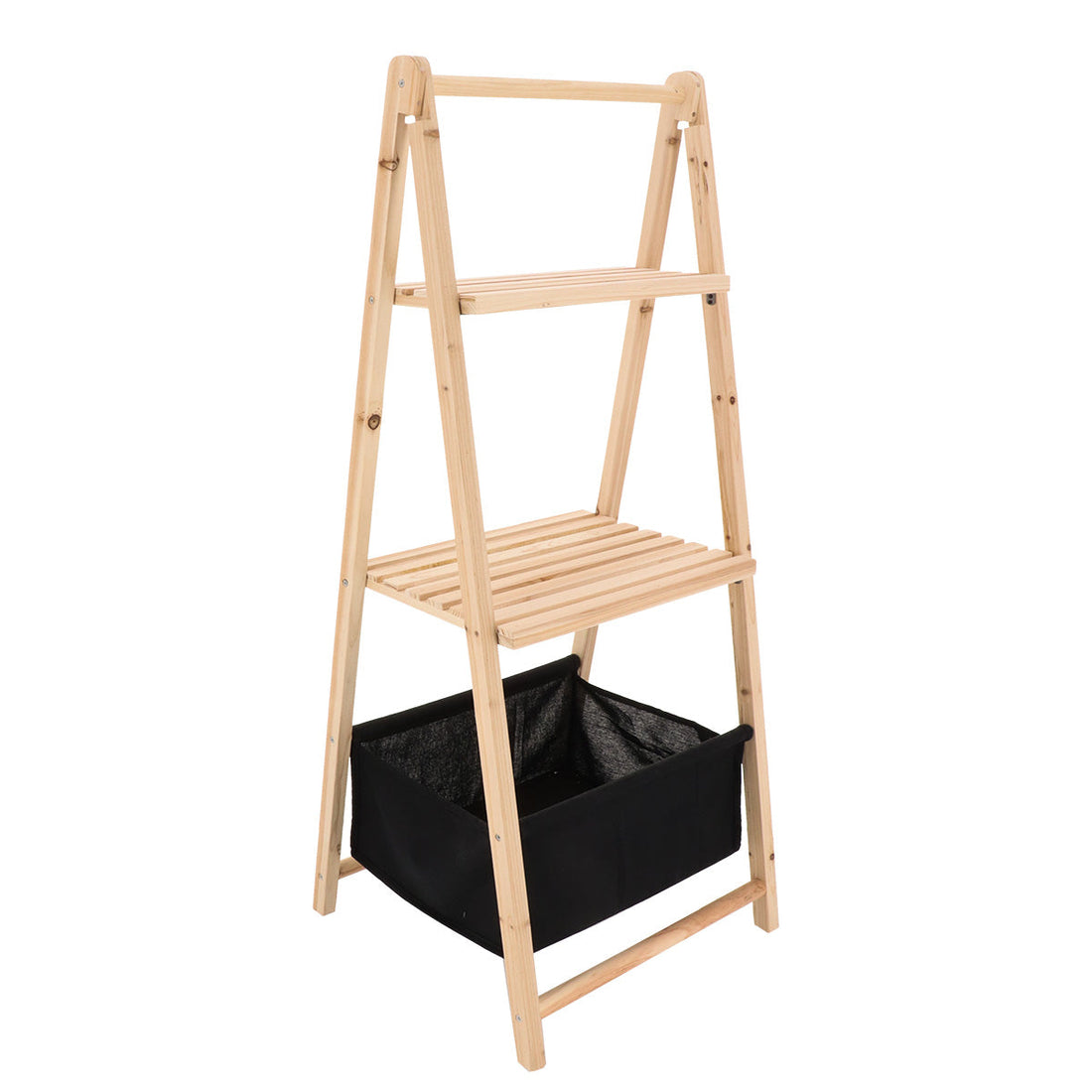 Organizator din Lemn de Brad cu 2 Rafturi și Sertar Textil - Natur/Negru - ramosdecor