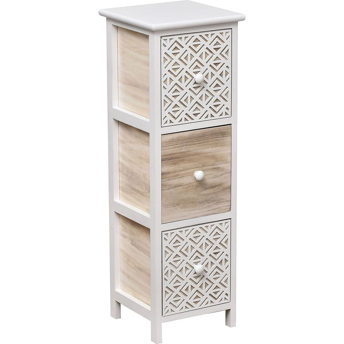 Mobilier din Paulownia cu 3 Sertare și Mânere din Lemn - Alb/Natural/Gravat - ramosdecor