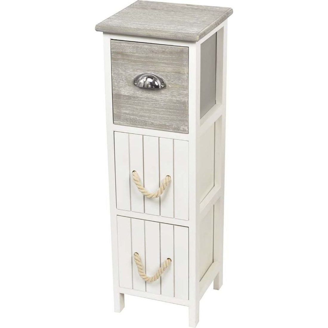 Mobilier din Paulownia cu 3 Sertare și Mânere din Lemn - Alb/Gri - ramosdecor