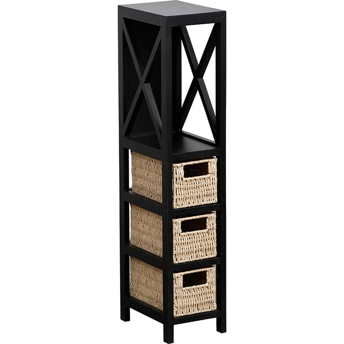 Mobilier Negru din MDF cu 1 Raft + 3 Coșuri Împletite din Hârtie - Negru/Natural - ramosdecor