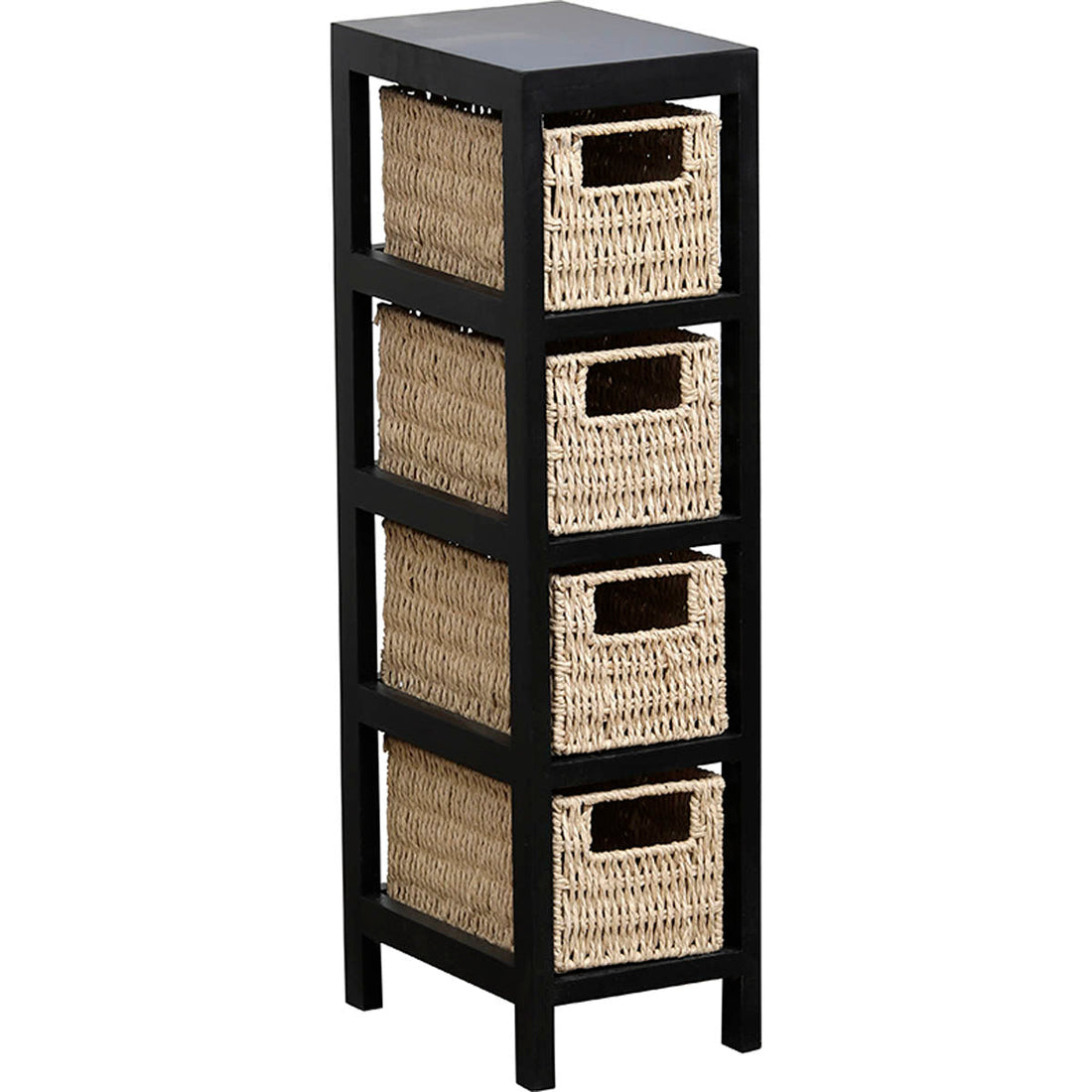 Mobilier din MDF/Paulownia Negru cu 4 Coșuri din Hârtie Împletită - Negru/Natural - ramosdecor