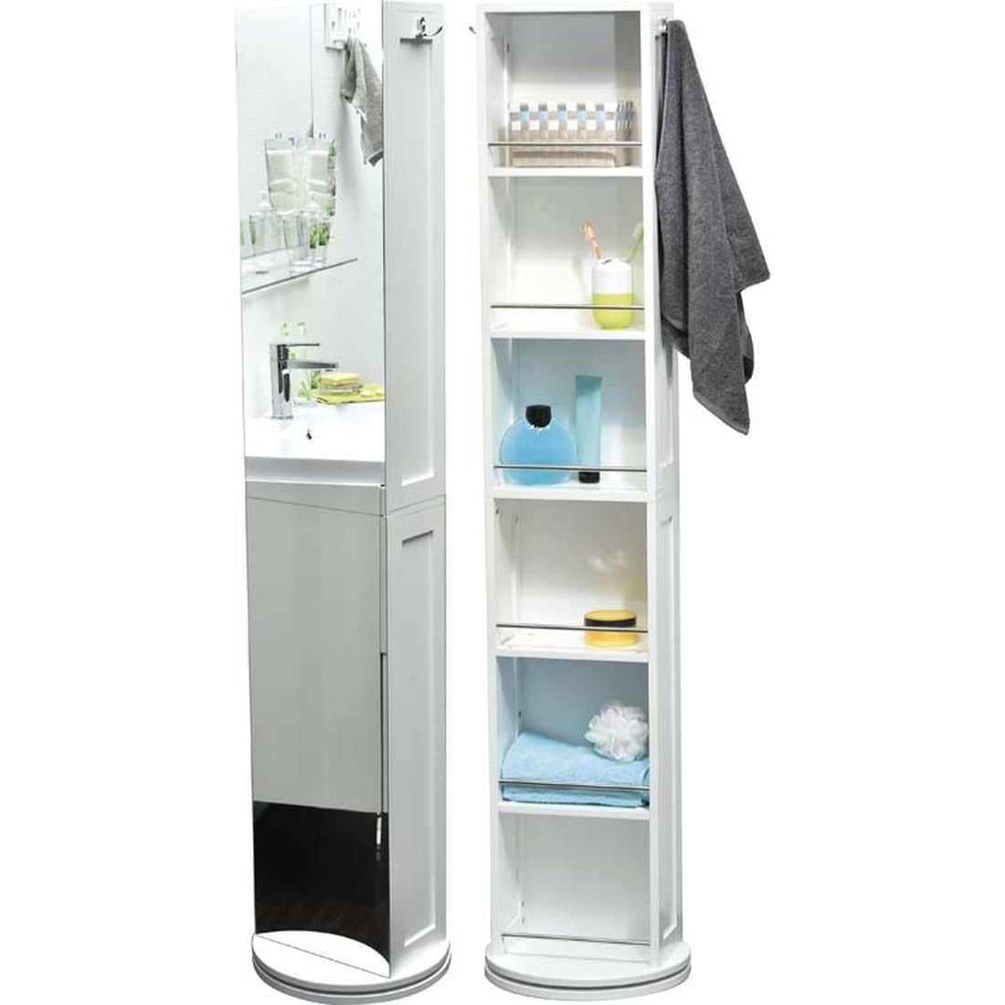 Cabinet Înalt Rotativ Din MDF Cu Oglindă Și Alcove De Depozitare - Alb - ramosdecor