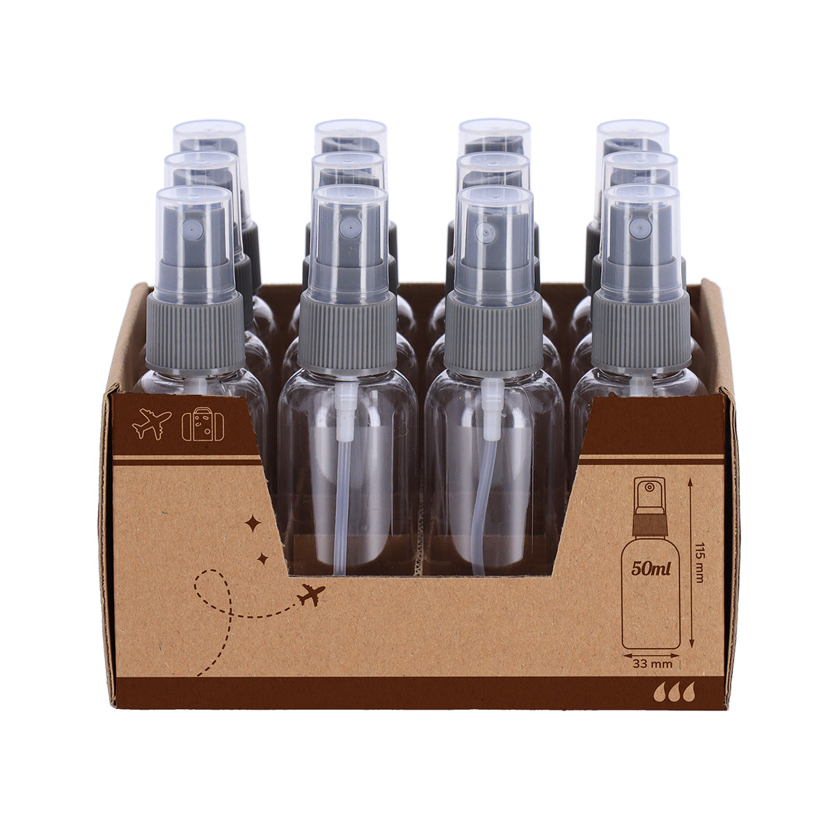 Set cu 12 Sticle de Plastic 50 ml cu Pompă de Pulverizare - Transparent - ramosdecor
