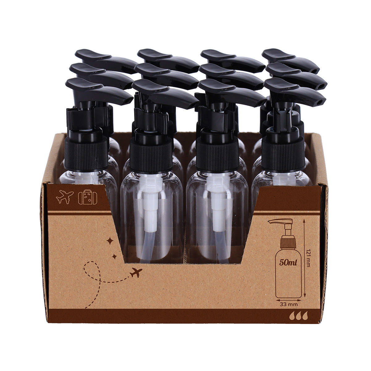 Set cu 12 Sticle de Plastic 50 ml cu Pompă - Transparent - ramosdecor