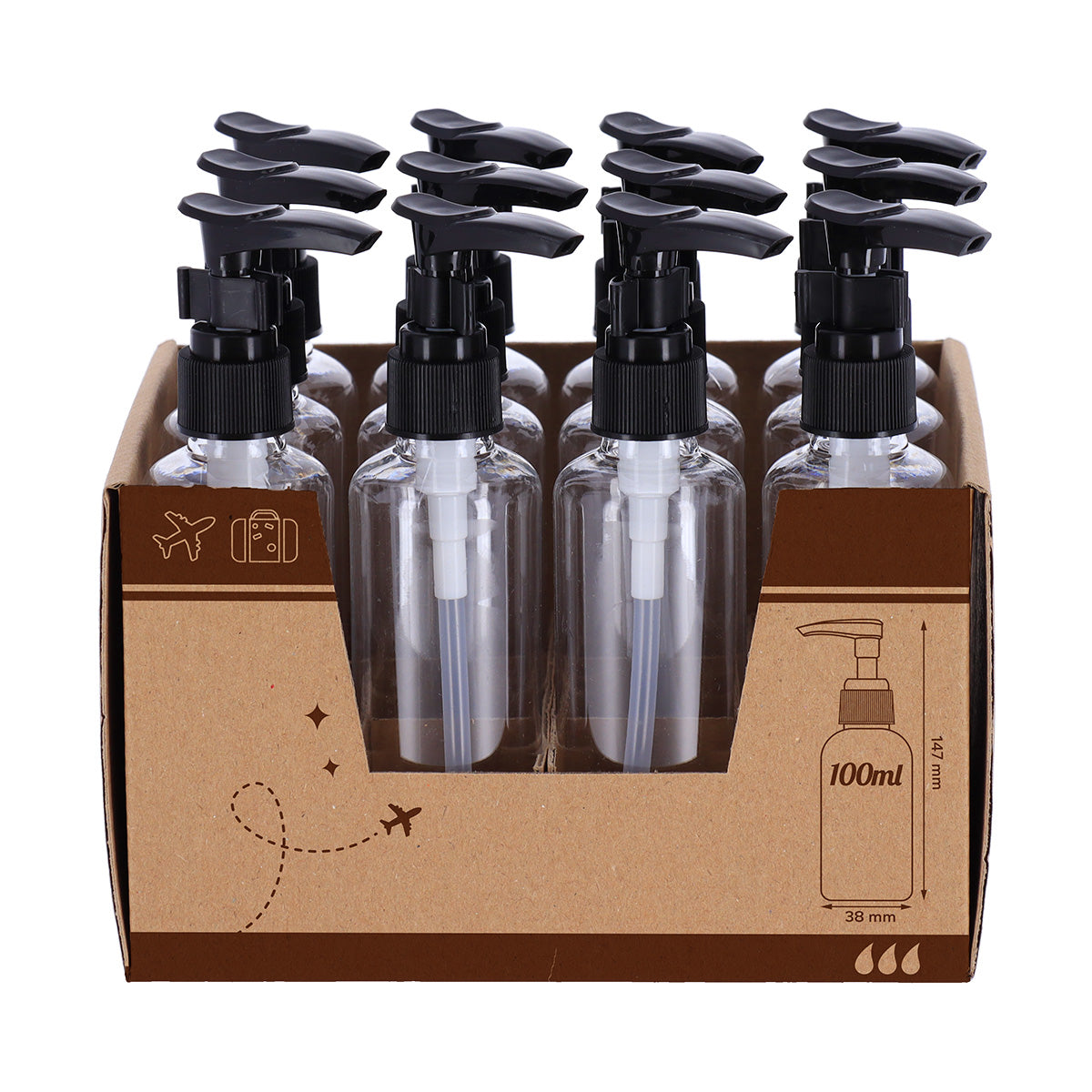 Set cu 12 Sticle de Plastic 100 ml cu Pompiță - Transparent - ramosdecor